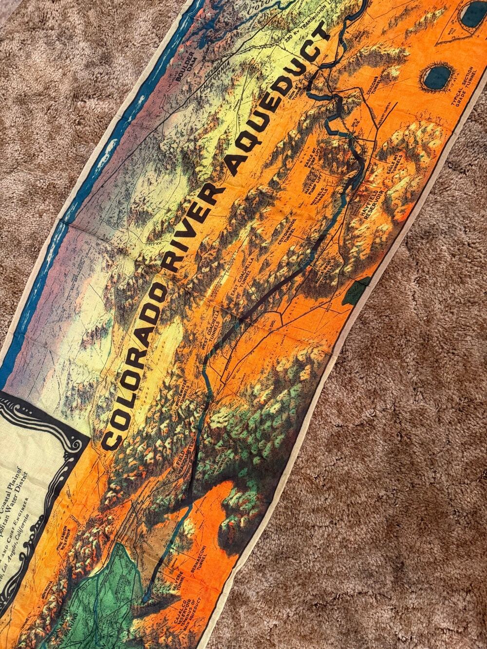 Vintage 1935 Colorado River Aqueduct Map Print Scarf Modal Statement Art to Wear